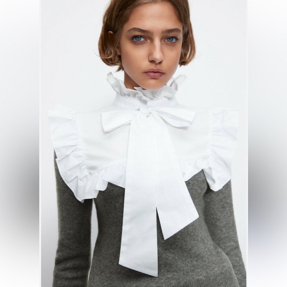 ZARA Combination white bow ruffle grey sweater top women size medium